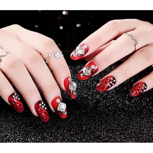 Women DIY Long Size Wedding False Nail Red Color Sexy Nail Art Tips with Glue Shining Rhinestone Indian Fashion Fake Nails