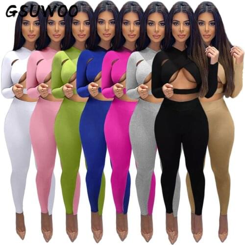 GSUWOO Sexy Cross Cutout Sports Two-piece Bandage Suit for Women Long Sleeve Hollow Out Crop Top Leggings Pants Tracksuit