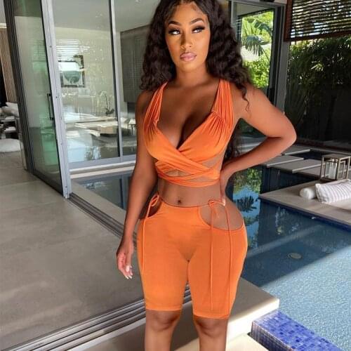 Casual Fitness Bandage Two Piece Short Set for Women Summer Clothes Hollow Out Crop Tops and Shorts Sets Beach Wear Club Outfits