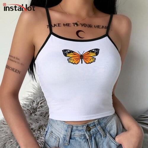 InstaHot Sexy Women Cropped Top Butterfly Printed White Slim Camisole Summer Spaghetti Strap Sleeveless Casual Cute Top 2020