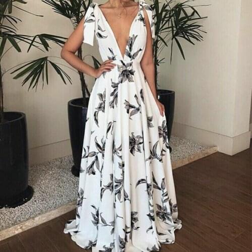 2021 Bohemian Open Back Strap Sling Floral Print Long Maxi Beach Boho Chiffon White Sleeveless Summer Dress For Women