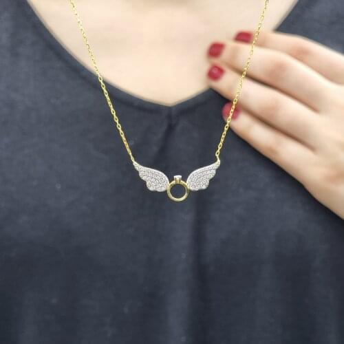 Winged Ring 925 Sterling Silver, Gold, Rose Plated Zircon Necklace For Women Girls Handmade Fashion Jewelry Elegant Minimalist