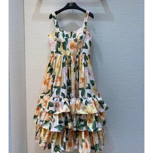 2021 runway spring women floral printed sexy spaghetti strap dresses female ruffles cake long dress vestido feminino y405