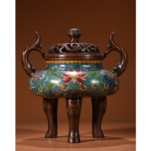 10"Chinese temple collection Old Bronze Cloisonne Enamel Elephant Trunk Statue lotus Three-legged incense burner Ornaments