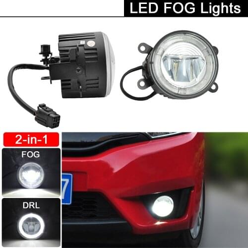2Pcs 90mm Diameter 2-in-1 Front Bumper Waterproof Universal White LED Fog Lamp With DRL Daytime Running Light