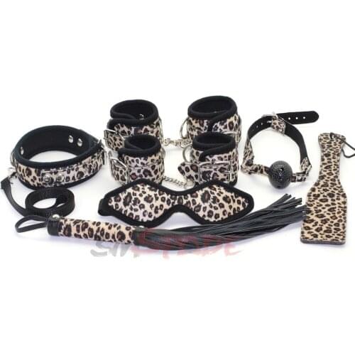 7 pcs/set sexy leopard bondage restraint kits,bondage restraint hand cuffs ankle cuffs and sex collar,adult products for couples