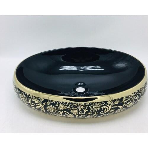 Large size black glaze gilded flower oval above counter basin bathroom washbasin bathroom wash basin ceramic washbasin