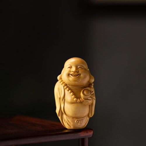 Wood Carving Maitreya Buddha Laughing Buddha Boxwood Ornaments Wood Wenwan Handicraft Home Decoration