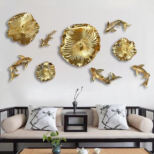 Chinese Gold Lotus Leaf Fishes Resin Accessories Art Home Livingroom Wall Background Crafts Porch Wall Sticker Murals Decoration