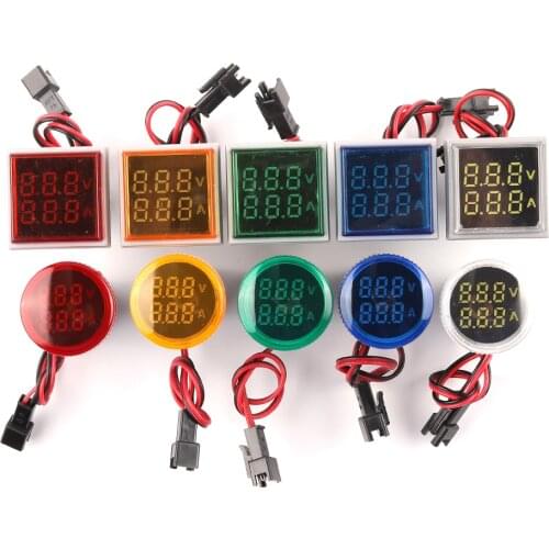 Round Digital Voltmeter Ammeter 22mm AC 50-500V 0-100A Amp Volt Voltage Tester Meter Dual LED Indicator Pilot Lamp Light
