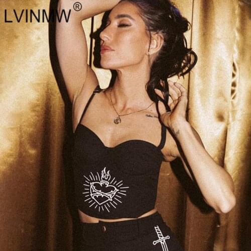 LVINMW Spaghetti Straps Backless Printed Gothic Casual Camis Patchwork Slim Trim Black Tops Women Crop Top For Summer Streetwear