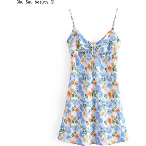 2021 Summer Chic Women Spaghetti Strap Sexy V-Neck A-Line Daisy Print Lace-Up Mini Dress Zipper Vestido Fashion Female