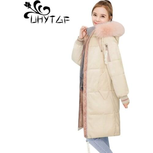 UHYTGF Fashion Big Fur Collar Cotton-padded Jacket Winter Coat Women Long Parka Ladies Thicken Warm Jacket Plus Size Female 167
