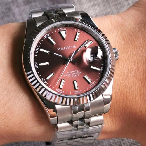 Parnis 39.5mm Luxury Mens Watch MIYOTA 8215 Automatic Movement Coffee Dial Date Cyclops Sapphire Glass Oyster/Jubilee Strap