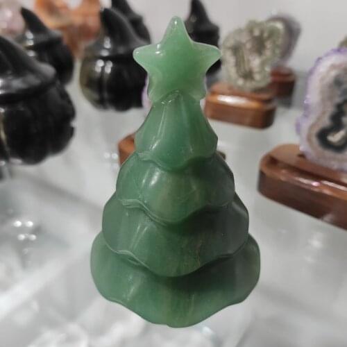 Natural Stone Green Aventurine Crystal Hand Made Carved Christmas Tree Crystal Fashion Carved Figurine Home Decoration Gifts