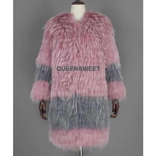 New Designl X-Long Full Sleeves Women Coat Knitted Raccoon Fur Overcoat Warm Jacket Wholesale