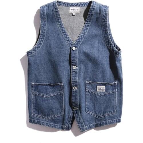 Wholesale 2020 teenager boy Japanese retro mens solid color washed old pocket tooling denim vest youth loose sleeveless vest