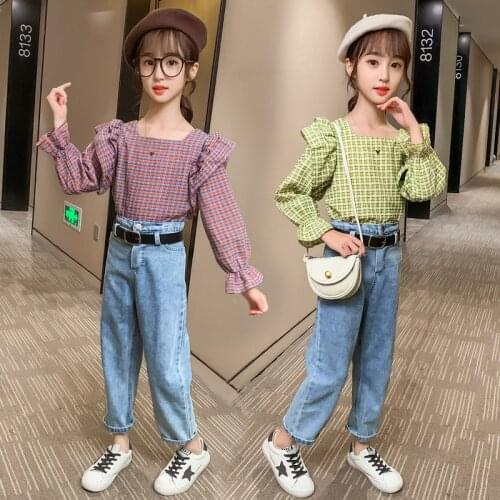 Autumn 2020 Kids Girls Clothes Set Plaid Shirt & Jeans Pants 4 6 7 8 10 12 Years 2Pcs Suits Teenage Tracksuits Children Clothing