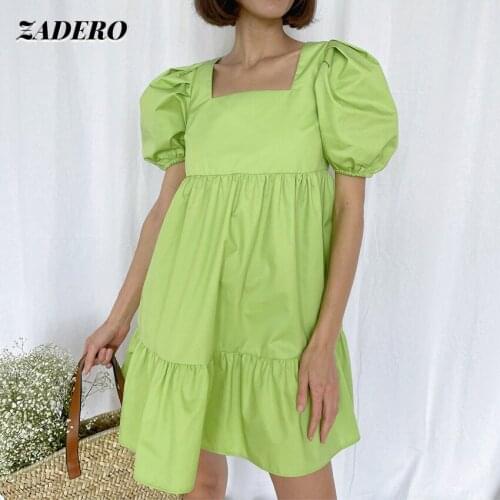 French Dress for Women 2021 Summer Sexy Backless Lace Up Square Neck Puff Sleeve Pleated Loose Mini Dress Green New Casual