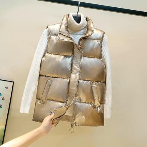 Korean Down Vest for Women Short Loose Shiny and Bright 2021 Sleeveless Jacket Solid Stand Collar Zipper Waistcoat for Female