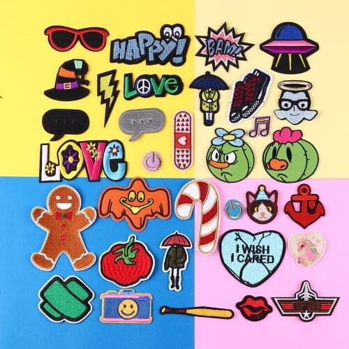 Cartoon Letter Sticker Iron on Patches Embroidery Tomato Aircraft Small Cookie Man Patch For Clothing Accessories Heart Badge
