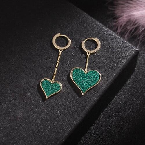 SWOUR Gold Color Lovely Jewelry Green Stone Austria Crystal Mismatched Hearts Long Tassel Huggie Small Hoop Earrings Femme S876
