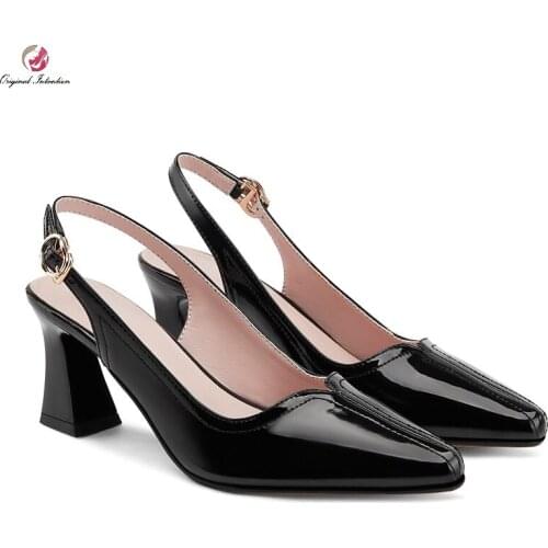 Women Chunky Heels Sandals Fashion Patent Apricot Black Shallow Ankle Back Strap Sandals Party Office Lady Shoes Women Plus Size