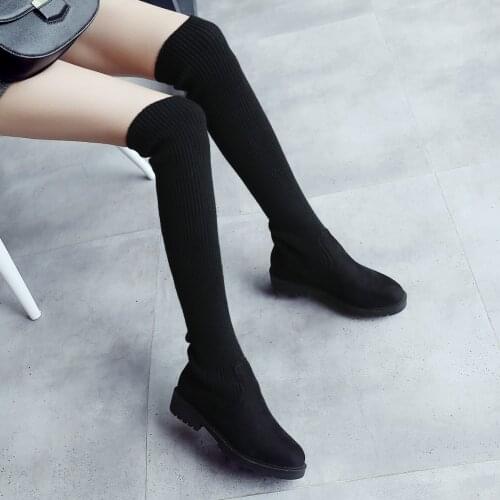Knitted Wool Low-Heeled Flat Over-The-Knee Womens Boots Flock Short Plush Lining Winter College Style Ladies Long Socks Shoes