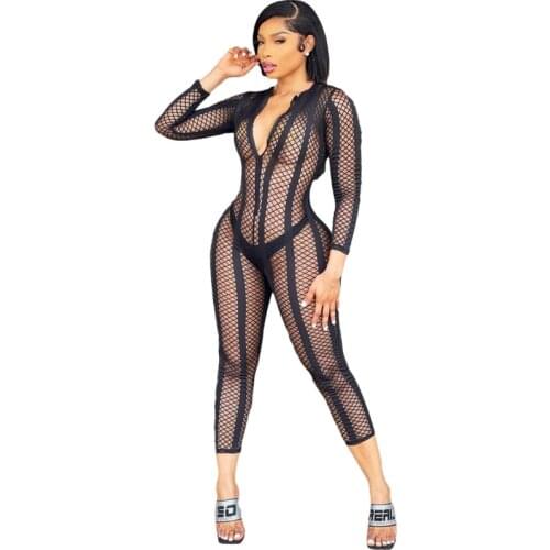 Hollow Out Jumpsuits Women 2021 V-neck Sexy Net Plaid Hole Skinny Elastic Club Streetwear Solid Rompers Female Outfits