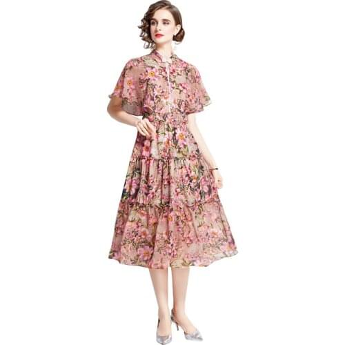 Fashion Designer Ladies Beach Dress 2021 New Summer Vintage Floral Print Cascading Ruffle Elgant Party Lotus Leaf Sleeve Vetidos