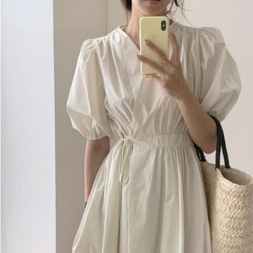 Korean Chic White Slim High Waist Cross V-neck One Piece Puff Sleeve Bandage Dress Women Casual All-match Temperament Minimalism