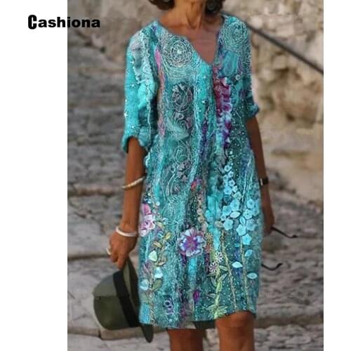 2021 Summer Knee-Length Dress Bohemian Flower Print Party Dresses Plus size Women Clothing Half Sleeve Femme Vestidos Robe Dress