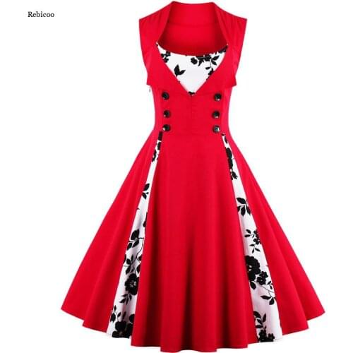 5Xl Vintage Rockabilly Women Dress Contrast Floral Elegant Button Double Breasted Summer Slim Swing Dress Party Plus Size