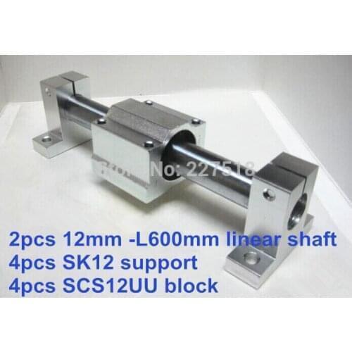 12mm linear set: 2pcs 12mm - 600mm linear round shaft +4pcs SK12 shaft support+4pcs SCS12UU linear bearing block