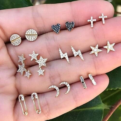 18 Pcs/Set Bohemian Women Earrings Set Moon Stars Lightning Cross Crystal Heart Shape Punk Stud Gold Earring Party Jewelry Gifts