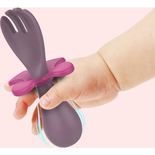 2Pcs/Set Baby Learn Feeding Spoon+Fork Color Food Grade Kids Silicone Toddler Non-Slip Training Tableware Portable Cutlery F8G9