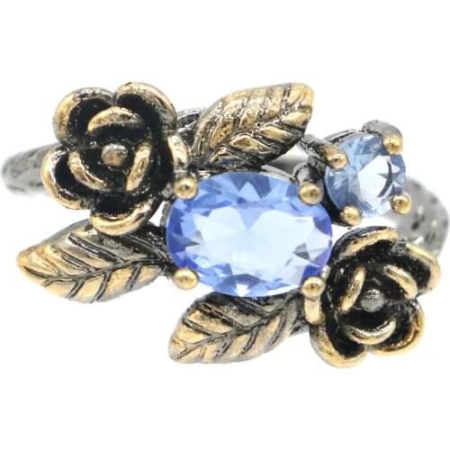 21x19mm 15.7g Vintage Jewelry Ring for Women Gothic Created Deep Blue Sapphire Punk Hollow Black Gold Silver Ring