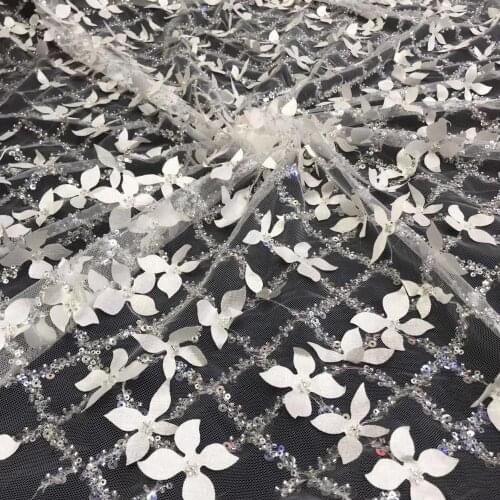 5yards/pc) Fantastic 3D flowers French net lace white African beads sequins tulle lace fabric for wedding dress FYX004