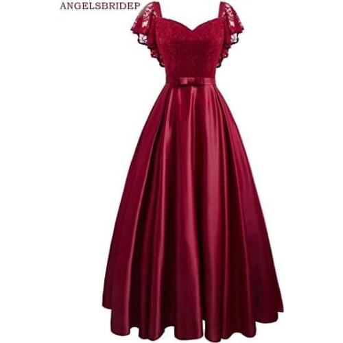ANGELSBRIDEP A-Line Long Evening Party Gowns Formal Cap Shoulder Lace Bodice Design Floor-Length Formal Celebrity Prom Dress Hot