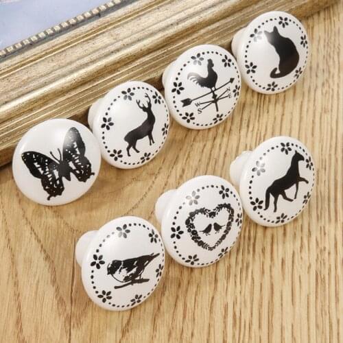 White Print Ceramic Door Knobs Handles Furniture Drawer Knobs Cupboard Handles Single Hole Cabinet Handles With Screws YH2264