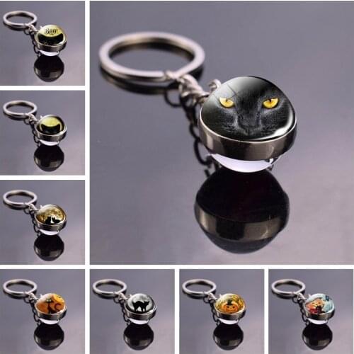Black Cat Eyes Keychain Keyring Halloween Cat Glass Ball Pendant Key Chain Rings Keyholder Halloween Party Cosplay Gifts