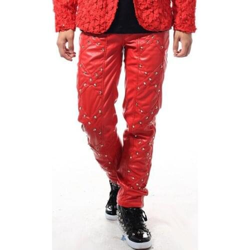 Red Singer Rivets street 1 pu leather pants men 1 pants man stage trousers faux leather pants Provide custom