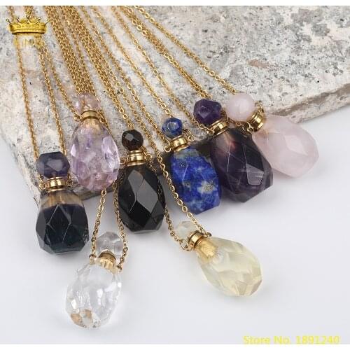 Natural Lemon Quartz Perfume Bottle Pendant Necklace Fashion Women Crystal Stone Gold Stainless Steel Chains Jewelry DSS-265KBBE