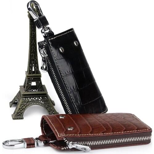 Housekeeper Holders Male Genuine Leather Car Keychain Key Holder Bag Case Man Retro Simple Embossing Solid Color Men Storage Bag