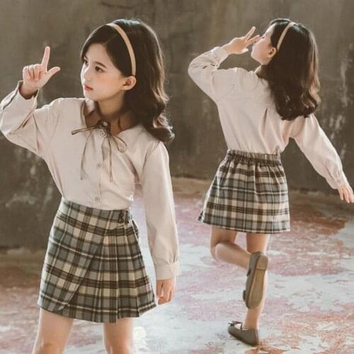 DFXD Spring Teenage Clothes Girls Clothing Set Fashion Full Sleeve Blouse Plaid Pleated Skirt 2pc Party Suit Cotton Outfits New