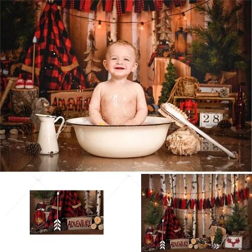 Forest Camping Adventure Newborn Baby Portrait Photo Background Winter Christmas Photography Backdrop Red Plaid Tent Woodland