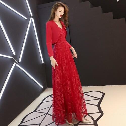 Red Long Elegant Chinese Dresses Strapless With Cape Traditional Chinese Wedding Gown 2019 Female Modern Chinese Dress FF1741