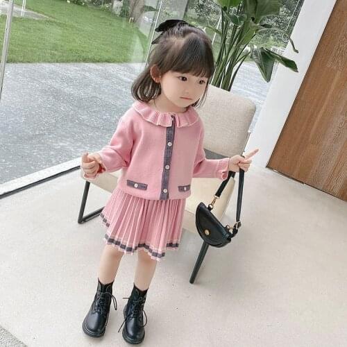 Sweet Cute Baby Clothing 2020 Spring Autumn Princess Knitted Full Sleeve Suit Toddler Kids Girls Pullover Pleated Skirt 2Pcs Set
