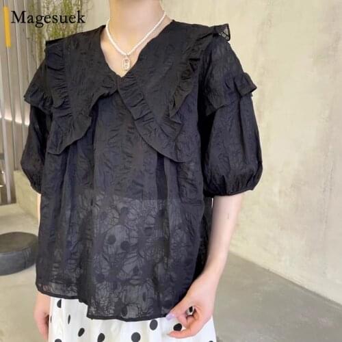 Fashion Summer Korean Shirt New 2021 Casual Loose Wood Ear Lace Shirt Embossed Shirt Girl White Thin Sunscreen Coat Blusas 14874