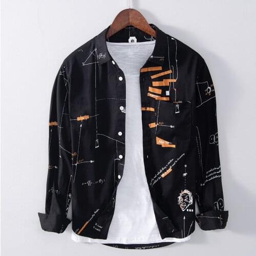Print Long Sleeve Shirts for Men Japanese Fashion Turn-down Collar Casual Tops 100% Pure Cotton Fashion Whirt Daily Clothes
